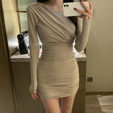 Women Dresses Beige Autumn and Winter Dress Hip Skirt Long Sleeve Short Dress