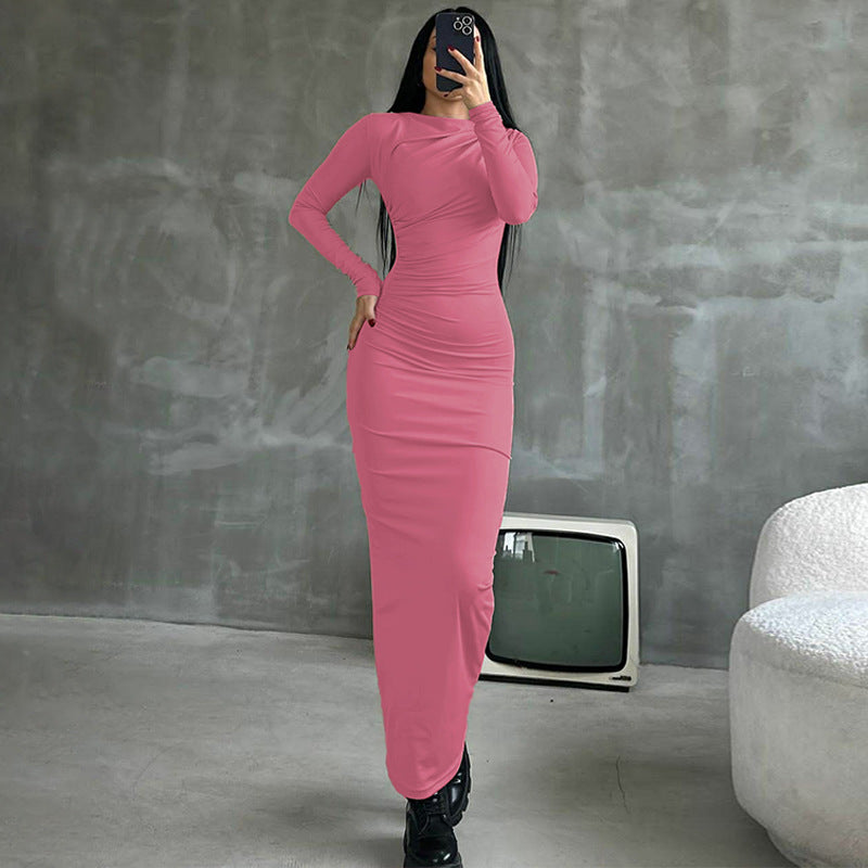 Women Dresses Winter Sexy Slim Fit Slit Solid Color Long Sleeve Dress