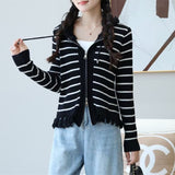 Women Knitwear Autumn and Winter Striped Hooded Sweater Tassel Knitted Cardigan