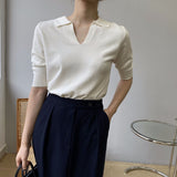 Women Knitted T-shirt Polo Shirt Knitwear Fall V-neck Sweater