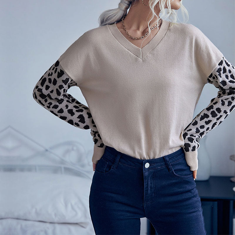 Women Knitted Sweater Autumn Leopard Print Long Sleeve