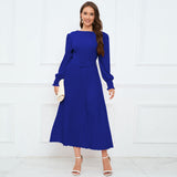 Women Date Dress Fall/Winter Slim Long Sleeve round Neck Pleated Long Dress