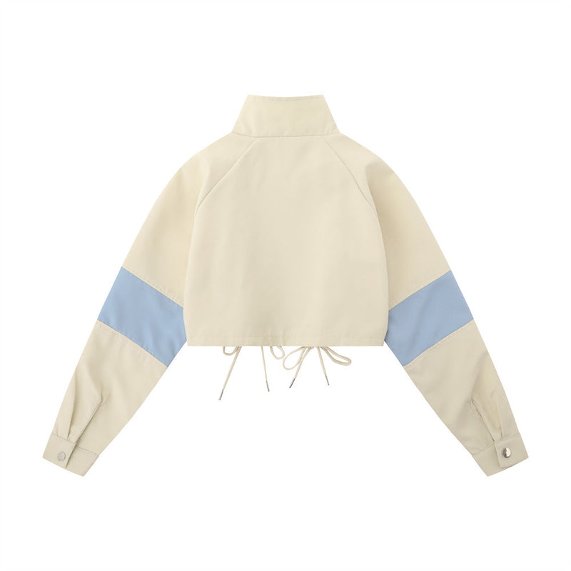 Women Jacket Short Coat Autumn Stand Collar Stitching Long Sleeve High Waist Jacket