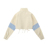 Women Jacket Short Coat Autumn Stand Collar Stitching Long Sleeve High Waist Jacket