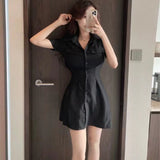 Women Dresses V-neck Black Shirt Dress Lapel Single Breasted Sexy
