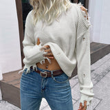 Women Knitted Sweater Autumn and Winter Shabby Long Sleeve Hollow out White High Collar Sweater