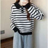Women Knitwear Autumn and Winter Striped Polo Collar Knitwear Loose Retro Sweater