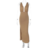 Women Dresses Summer Sexy Deep V-neck Backless Fold Split Dress