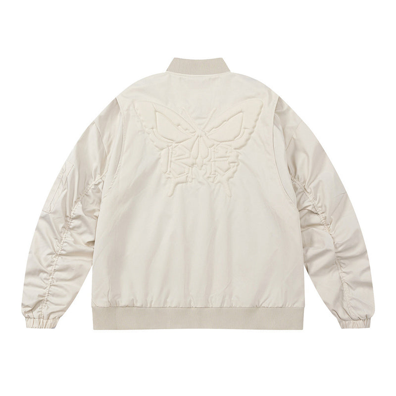 Men Jacket Coat Butterfly Three-Dimensional Embroidery Jacket Baseball Uniform Pleated Long Sleeve Stand Collar Flying Jacket