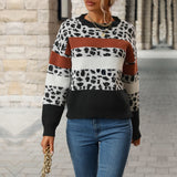 Women Knitted Sweater Casual Leopard Print Long Sleeve Sweater