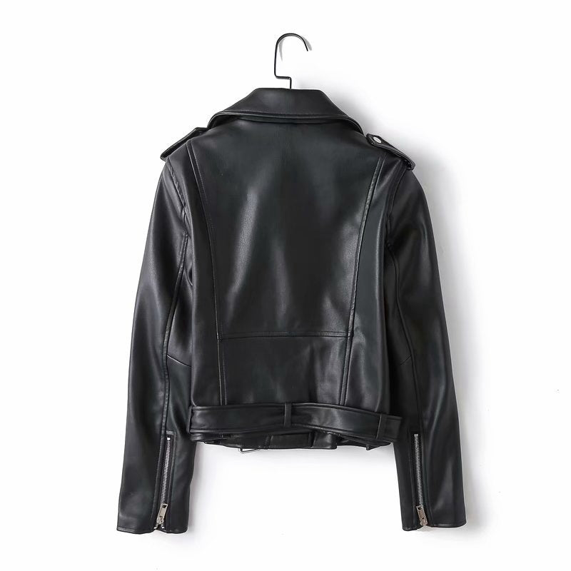 Women Leather Jacket Spring and Autumn Slim Fit Short Belt Lapel Small Leather Coat Biker's Leather Jacket