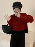 Women Knitted Cardigan Retro Short Knitted Cardigan Loose Color Matching round Neck Sweater Coat