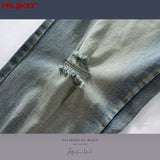 MIJKO Mens Vintage Pants Slim Fit Wash Old Ripped Blue Jeans