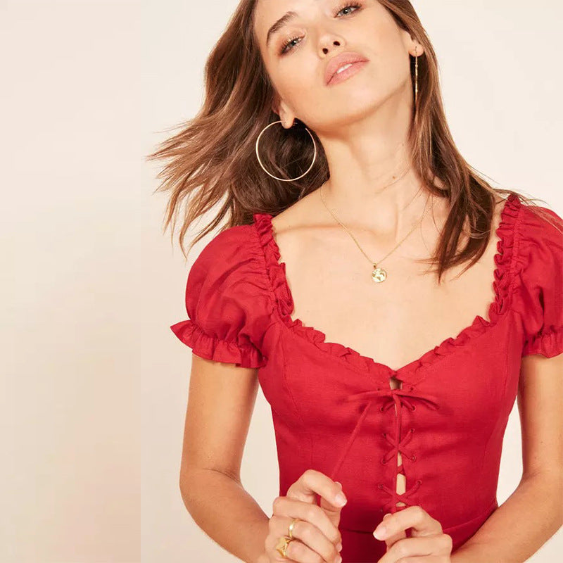 Robe Bridgerton Amoi Linen V-neck Slim Short Puff Sleeve Dress