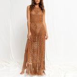 Women Knit Beach Cover Summer Hollow out Tied Tassel Beach Maxi Dress