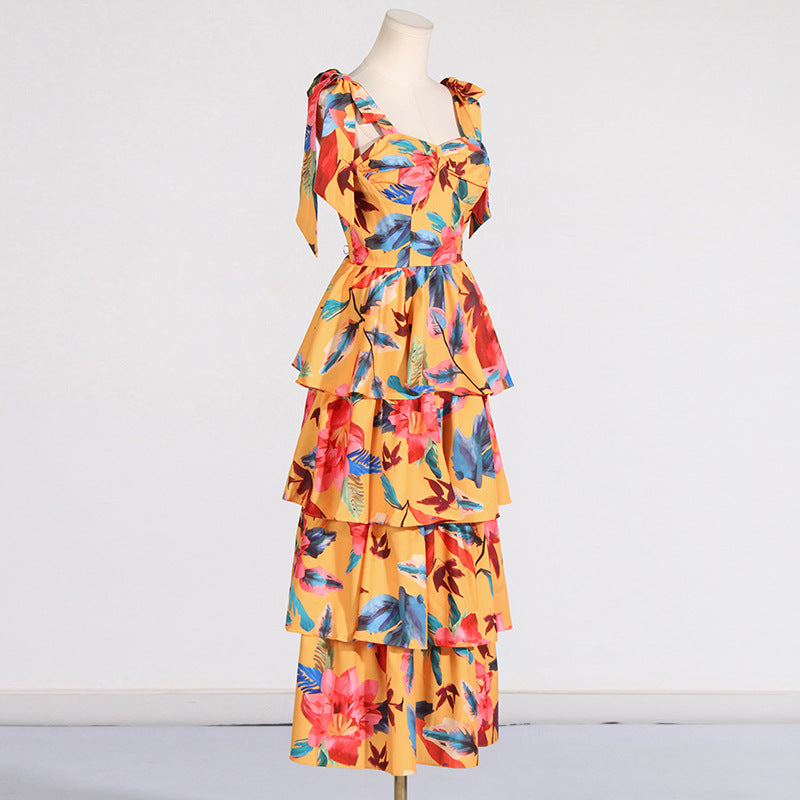 Women Dresses Spring Retro Printing Slip Dress Long Dress (Qymy0409)