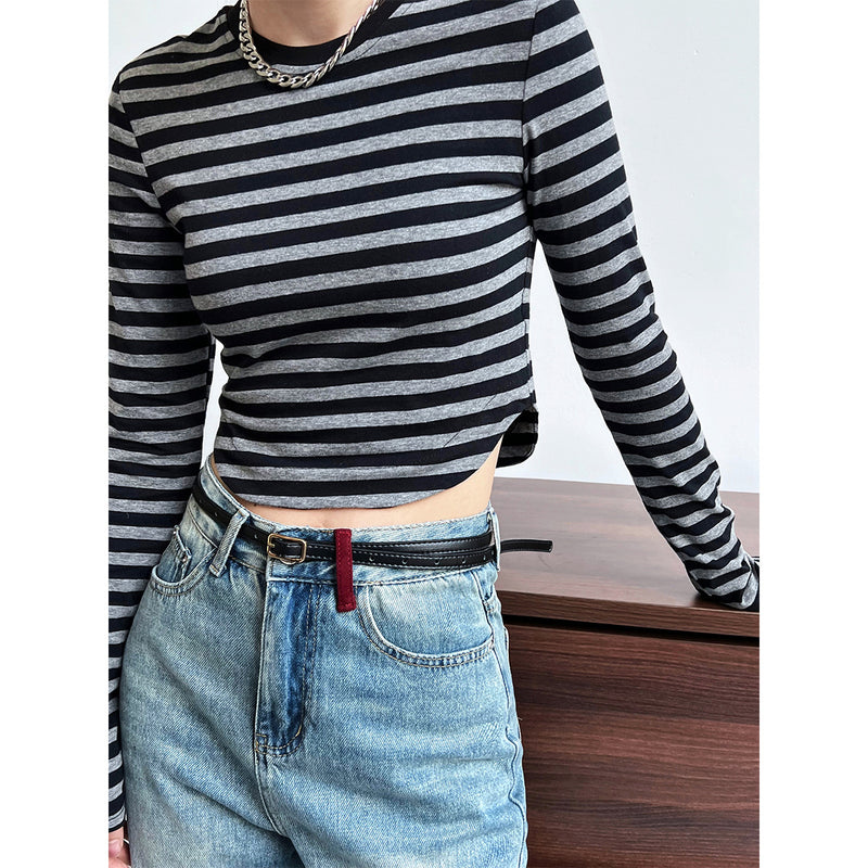 Women T Shirt Striped Long-Sleeved T-shirt Spring Slim-Fitting Bottoming Shirt for Women