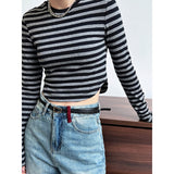Women T Shirt Striped Long-Sleeved T-shirt Spring Slim-Fitting Bottoming Shirt for Women