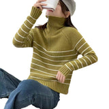 Women Knitted Pullover Vintage Zipper Spring and Autumn Polo Collar Stripes Knitted Top