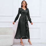 Women Date Dress Autumn and Winter V-neck Bubble Long Sleeve Dress