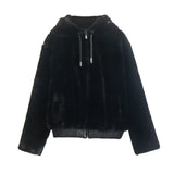 Women Jacket Autumn and Winter Faux Fur Hooded Zipper Jacket Short Coat