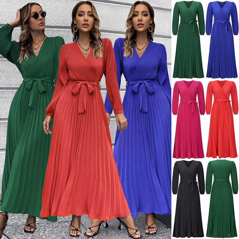 Women Date Dress V-neck Long Sleeve Pleated Dress