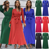 Women Date Dress V-neck Long Sleeve Pleated Dress