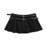 Women Skirt Double Belt Pleated Skirt Women's Summer Short Skirt