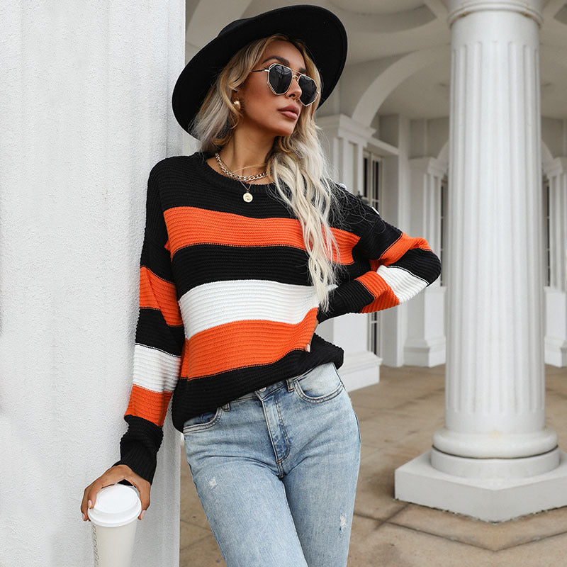Women Knitted Sweater Thin Long Sleeve Loose Striped Sweater