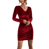 Women Dress Autumn Winter Sexy Backless Hip Skirt Long Sleeve Velvet Dress