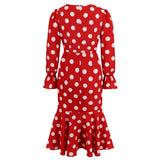 Women Date Dress Autumn and Winter Dress Sexy V-neck Polka Dot Printing Long-Sleeved Fishtail Dress