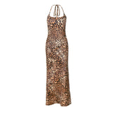 Women Dresses Summer Sexy Backless Lace up Leopard Print Dress