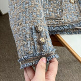 Women Woolen Coat Vintage Tweed Classic Style Raw Edge Shoulder Coat