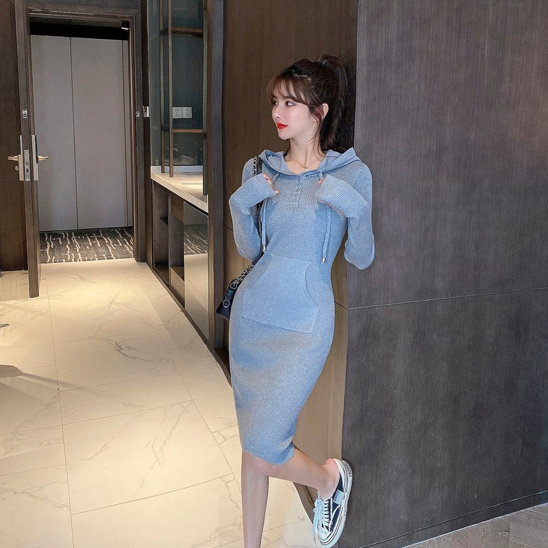 Women Maxi Dress Spring and Autumn Hooded Knitted Dress