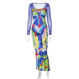Women Dresses Fall Printed Mesh Slim Fit Patchwork Long Sleeve Dress