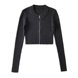 Women Sweater Knitwear Autumn and Winter round Neck Vertical Stripes Knitted Short Top Zipper Sweater