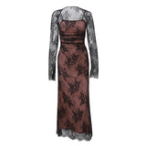 Women Dresses Autumn Sexy Long Sleeve Strap Lace Sling Dress (Bla0420)
