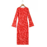 Women Dresses Summer Rose Printed Long Sleeve Dress Bell Sleeve Slim Fit Long Dress (Xds0414)