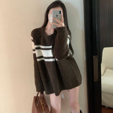 Women Knitted Pullover Striped Loose Sweater Autumn Winter Retro Knitwear Coat