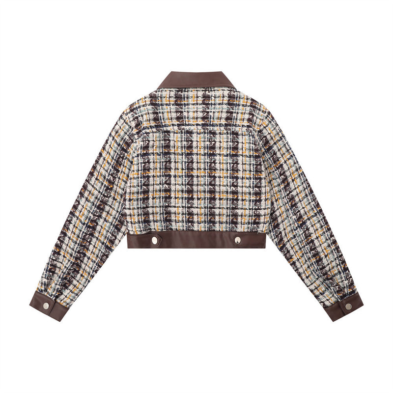 Women Jacket Houndstooth Fall Lapels Long Sleeve Stitching Leather Coat