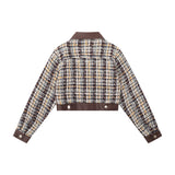 Women Jacket Houndstooth Fall Lapels Long Sleeve Stitching Leather Coat