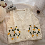 Women Knitted Cardigan Retro V-neck Single-Breasted Sleeveless Knit Vest