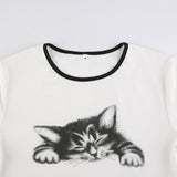 Women T-shirt Summer Cat Printing round Neck Midriff-Baring T-shirt