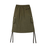 Women Long Skirt Ribbon Drawstring Suit Skirt Multi-Pocket Mid-Length A- line Skirt