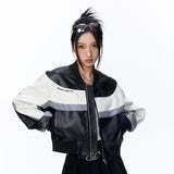 Women Jacket Color Contrast Patchwork Short PU Leather Jacket Stand Collar Biker's Leather Jacket