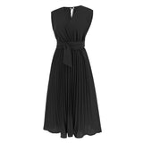 Women Date Dress Summer V-neck Pleated Sleeveless Waist Dress