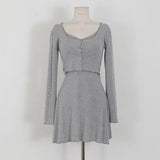 Women Dresses Gray V-neck Slip Dress Short Cardigan Long Sleeve Jacket