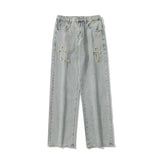 Men Jeans Retro Washed Cross Embroidered Jeans