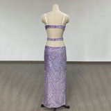 Women Evening Dress Hollow Backless Sexy Suspenders Grid Sequins Split Dress