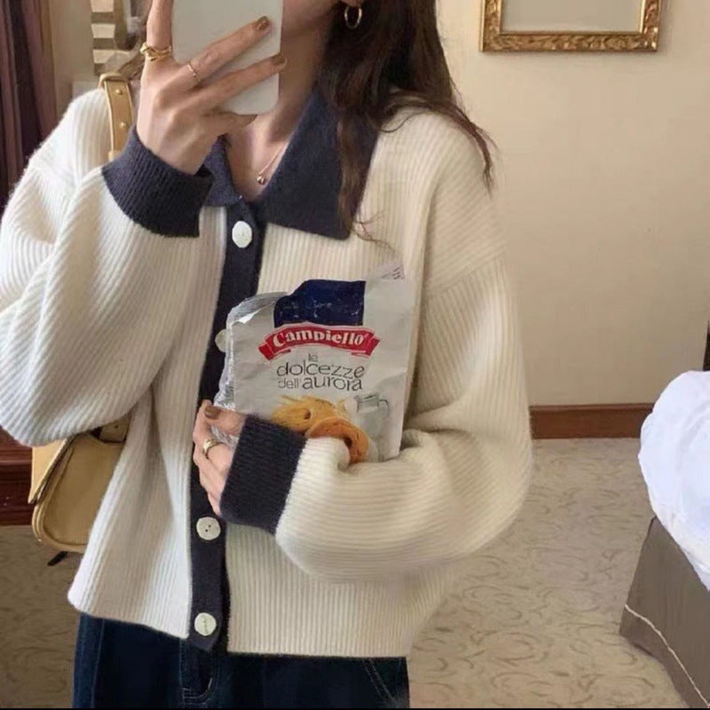 Women Knitwear Spring and Autumn Retro Lapels Contrast Color Knitted Cardigan
